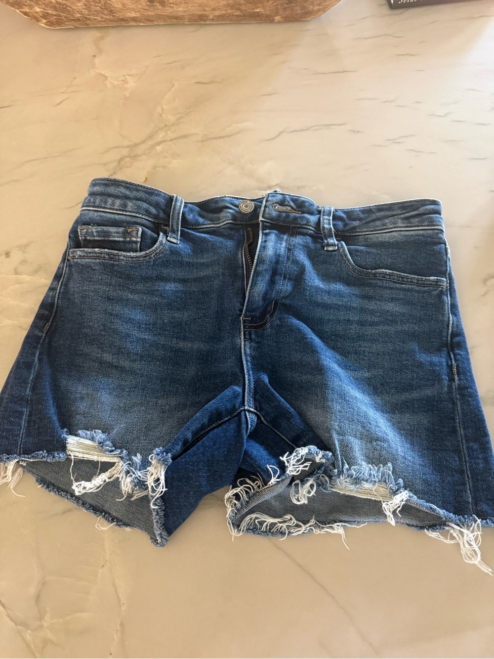 Mid-Rise Dark Blue Distressed Denim Cutoff Shorts